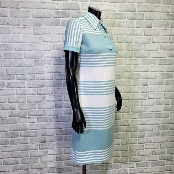Vintage 70s Leslie‎ Fay Womens M Turquoise White Striped Dbl Knit Poly Dress - Picture 4 of 9